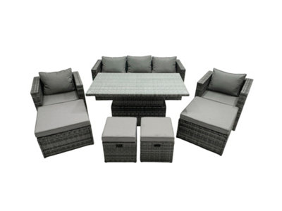 Fimous Pe Rattan Garden Furniture Set Lounge Sofa Rising Dining Table Set With 4 Footstool Dark Grey Mixed from B&Q
