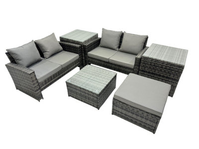 B&Q -  Pe Rattan Garden Furniture Set Lounge Double Seat Sofa Coffee Table Set With 2 Side Tables Big Stool Dark Grey Mixed