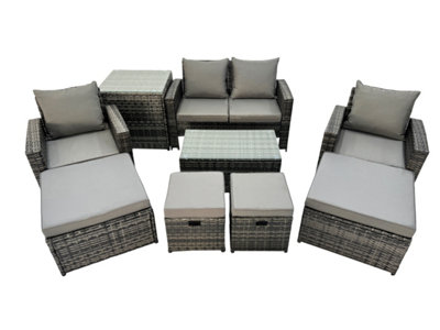 B&Q -  8 Seater Wicker Pe Rattan Furniture Outdoor Coffee Table Double Seat Sofa 4 Stools Side Table Set Dark Grey Mixed