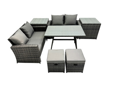 B&Q -  6 Seater Wicker Pe Rattan Furniture Outdoor Dining Table Double Seat Sofa 2 Small Stools 2 Side Table Set Dark Grey Mixed