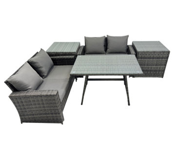B&Q -  4 Seater Wicker Pe Rattan Furniture Outdoor Dining Table Double Seat Sofa 2 Side Table Set Dark Grey Mixed