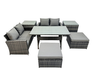 B&Q -  6 Seater Wicker Pe Rattan Furniture Outdoor Dining Table Double Seat Sofa 2 Side Table 2 Big Stools Set Dark Grey Mixed