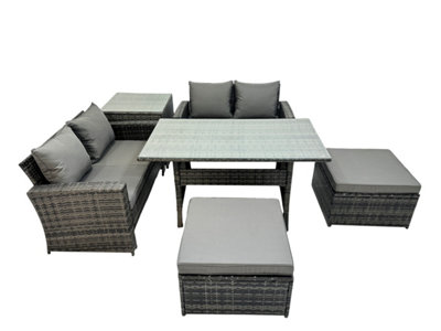 B&Q -  6 Seater Wicker Pe Rattan Furniture Outdoor Dining Table Double Seat Sofa Side Table 2 Big Stools Set Dark Grey Mixed