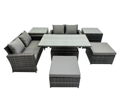 B&Q -  Outdoor Love Sofa Set 6 Seat Rattan Garden Furniture Set With Adjustable Lifting Dining Or Coffee Table Big Stool