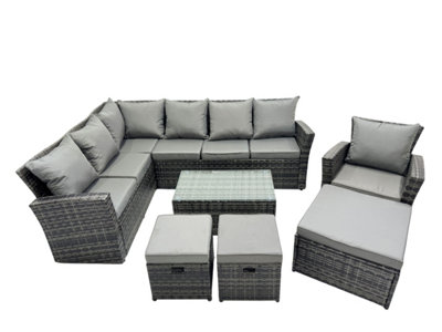 B&Q -  10 Seat Rattan High Back Corner Sofa Set Patio Coffee Table Sets With 3 Stools Chair Dark Grey Mixed