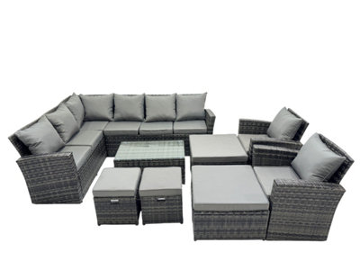 B&Q -  12 Seat Rattan High Back Corner Sofa Set Patio Coffee Table Sets With 4 Stools 2 Chairs Dark Grey Mixed