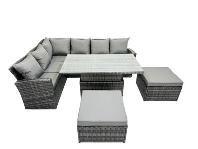 Fimous Poly Rattan Outdoor Patio Height Adjustable Rising Lifting Table Corner Sofa Set With 2 Big Stool For Garden