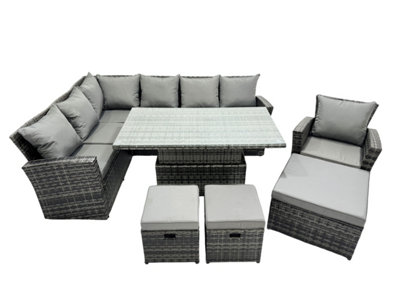 Fimous Poly Rattan Outdoor Patio Height Adjustable Rising Lifting Table Corner Sofa Set With 3 Stools For Garden