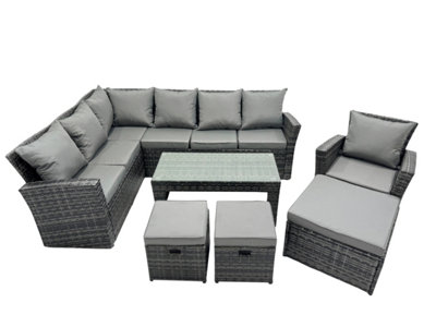 Fimous 10 Seat Poly Rattan Outdoor Patio Oblong Coffee Table Corner Sofa Set With 3 Stool Chair For Garden Backyard from B&Q