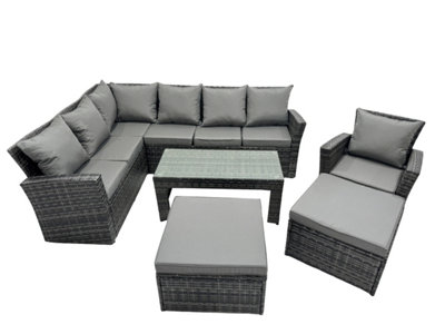 Fimous 9 Seat Poly Rattan Outdoor Patio Oblong Coffee Table Corner Sofa Set With 2 Big Stool Chair For Backyard Dark Grey Mixed from B&Q