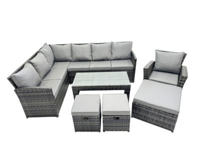 Fimous 11 Seat Poly Rattan Outdoor Patio Oblong Coffee Table Corner Sofa Set With 3 Stool Chair For Backyard Dark Grey Mixed from B&Q