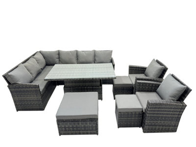 Fimous 11 Seat Poly Rattan Outdoor Patio Height Adjustable Rising Lifting Table Corner Sofa Set With 4 Stool 2 Chairs For Garden from B&Q