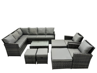 B&Q -  12 Seat Poly Rattan Outdoor Patio Coffee Table Corner Sofa Sets With 4 Stools 2 Chairs For Garden Backyard Dark Grey Mixed