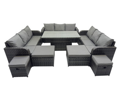 B&Q -  Rattan Garden Furniture Dining Set 13-Seater Patio Height Adjustable Rising Lifting Table Sofa Set With 4 Footstools