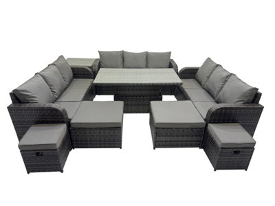 B&Q -  Rattan Garden Furniture Dining Set 13-Seater Patio Height Adjustable Rising Lifting Table Sofa Set With Side Table