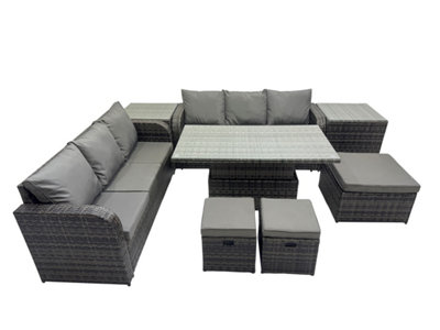 B&Q -  Rattan Garden Furniture Set 9-Seater Patio Height Adjustable Rising Lifting Table Sofa Set With 2 Side Table 3 Footstools