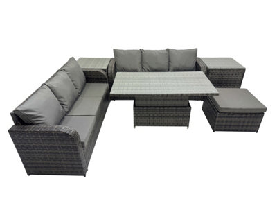 B&Q -  Rattan Garden Furniture Dining Set 7-Seater Patio Height Adjustable Rising Lifting Table Sofa Set With 2 Side Table