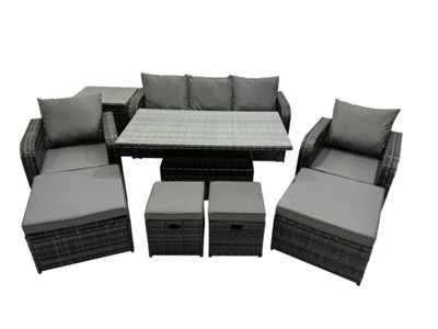 B&Q -  Rattan Garden Furniture Dining Set 8-Seater Patio Height Adjustable Rising Lifting Table Sofa Set With Side Table