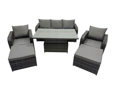 Fimous Rattan Garden Furniture Dining Set 6-Seater Patio Height Adjustable Rising Lifting Table Sofa Set With 2 Big Footstools from B&Q