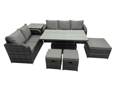 B&Q -  Rattan Garden Furniture Set 8-Seater Patio Height Adjustable Rising Lifting Table Sofa Set With 3 Footstools Side Table