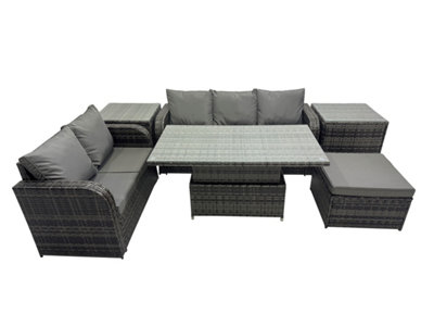 B&Q -  Rattan Garden Furniture Dining Set 6-Seater Patio Height Adjustable Rising Lifting Table Sofa Set With 2 Side Tables