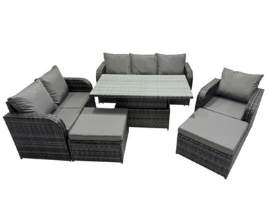 B&Q -  Rattan Garden Furniture Dining Set 8-Seater Patio Height Adjustable Rising Lifting Table Sofa Set With 2 Big Footstool