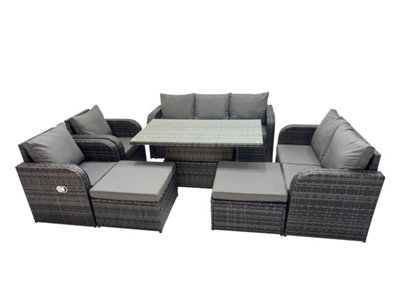 B&Q -  Rattan Garden Furniture Dining Set 9-Seater Patio Height Adjustable Rising Lifting Table Sofa Sets With 2 Big Footstool