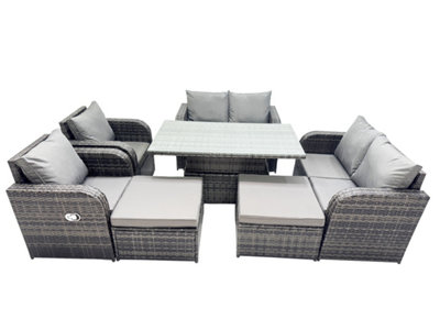 B&Q -  8-Seater Patio Height Adjustable Rising Lifting Table Sofa Sets Rattan Garden Furniture Dining Set With 2 Big Footstool