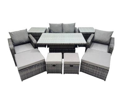 B&Q -  8-Seater Patio Height Adjustable Rising Lifting Table Sofa Sets Rattan Garden Furniture Dining Set With 2 Small Footstool