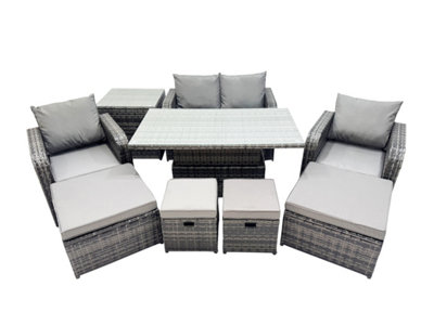 B&Q -  8-Seater Patio Height Adjustable Rising Lifting Table Sofa Sets Rattan Garden Furniture Set With 2 Big Footstool Side Table