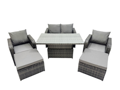 B&Q -  6-Seater Patio Height Adjustable Rising Lifting Table Sofa Sets Rattan Garden Furniture Dining Set With 2 Big Footstool