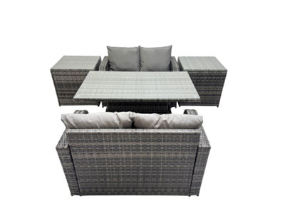 B&Q -  4-Seater Patio Height Adjustable Rising Lifting Table Sofa Sets Rattan Garden Furniture Dining Set With 2 Side Table
