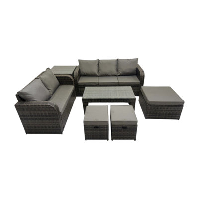 Fimous Rattan Garden Outdoor Furniture Set 3 Seater Sofa Love Sofa Coffee Table With 3 Footstools Side Table Dark Grey Mixed from B&Q
