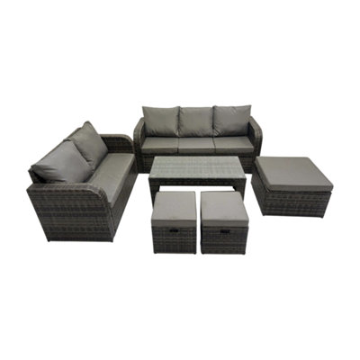 Fimous Rattan Garden Outdoor Furniture Set 3 Seater Sofa Love Sofa Coffee Table With 3 Footstools Mixed Dark/Grey