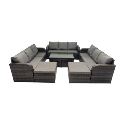 Fimous Rattan Garden Outdoor Furniture Set 3 Seater Sofa Coffee Table With 4 Footstools Mixed Dark/Grey