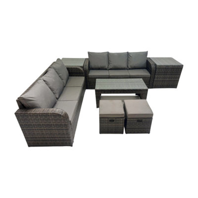 Fimous Rattan Garden Outdoor Furniture Set 3 Seater Sofa Coffee Table With 2 Side Tables 2 Small Footstools Dark Grey Mixed from B&Q