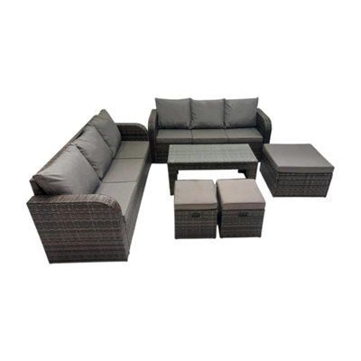 Fimous Rattan Garden Outdoor Furniture Set 3 Seater Sofa Coffee Table With 3 Footstools Mixed Dark/Grey