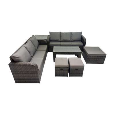 Fimous Rattan Garden Outdoor Furniture Set 3 Seater Sofa Coffee Table With 3 Footstools Side Table Mixed Dark/Grey