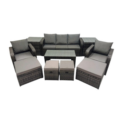 B&Q -  Rattan Garden Outdoor Furniture Set 3 Seater Sofa Reclining Chair Coffee Table With 2 Side Tables 4 Footstools