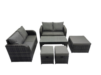 Fimous 3 Seater Sofa Reclining Chair Coffee Table Set Rattan Garden Outdoor Furniture Set With 3 Stools Mixed Dark/Grey