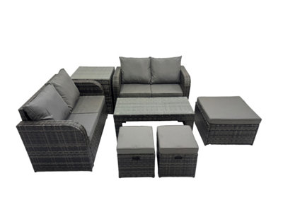 Fimous 3 Seater Sofa Reclining Chair Coffee Table Set Rattan Garden Outdoor Furniture Set With Side Table 3 Stools Mixed Dark/Grey