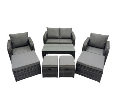 Fimous 3 Seater Sofa Reclining Chair Coffee Table Set Rattan Garden Outdoor Furniture Set With 4 Stool Dark Grey Mixed from B&Q