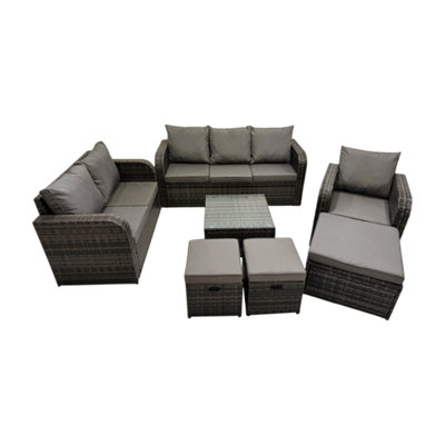 Fimous 3 Seater Sofa Reclining Chair Coffee Table Set Rattan Garden Outdoor Furniture Set With 3 Stool Mixed Dark/Grey