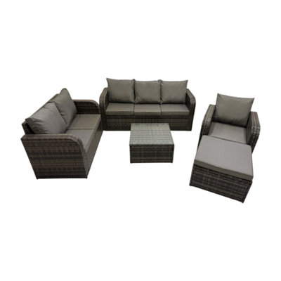 Fimous 3 Seater Sofa Reclining Chair Coffee Table Set Rattan Garden Outdoor Furniture Set With Big Stool Mixed Dark/Grey