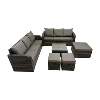 Fimous Rattan Garden Outdoor Furniture Set 3 Seater Sofa Square Coffee Table Set With 3 Stools Mixed Dark/Grey