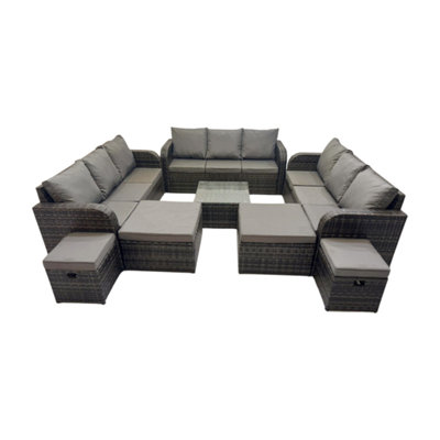 Fimous Rattan Garden Outdoor Furniture Set 3 Seater Sofa Square Coffee Table Set With 4 Stools Mixed Dark/Grey