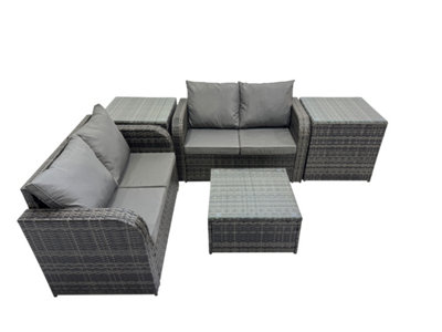 B&Q -  Rattan Garden Outdoor Furniture Set Love Sofa Square Coffee Table Set With 2 Side Tables Dark Grey Mixed