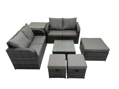 B&Q -  Rattan Garden Outdoor Furniture Set Love Sofa Square Coffee Table Set With Side Table 3 Stools Dark Grey Mixed