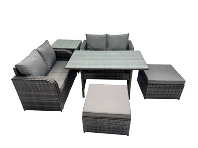 B&Q -  Wicker Pe Rattan Garden Outdoor Furniture Set Love Sofa Dining Table Sets With Side Table 2 Big Stools Dark Grey Mixed