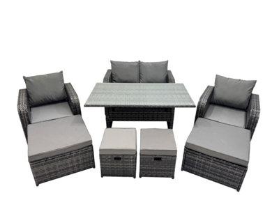 B&Q -  8 Seat Outdoor Wicker Pe Rattan Garden Furniture Set Dining Table Sofa Sets With 4 Stools Dark Grey Mixed